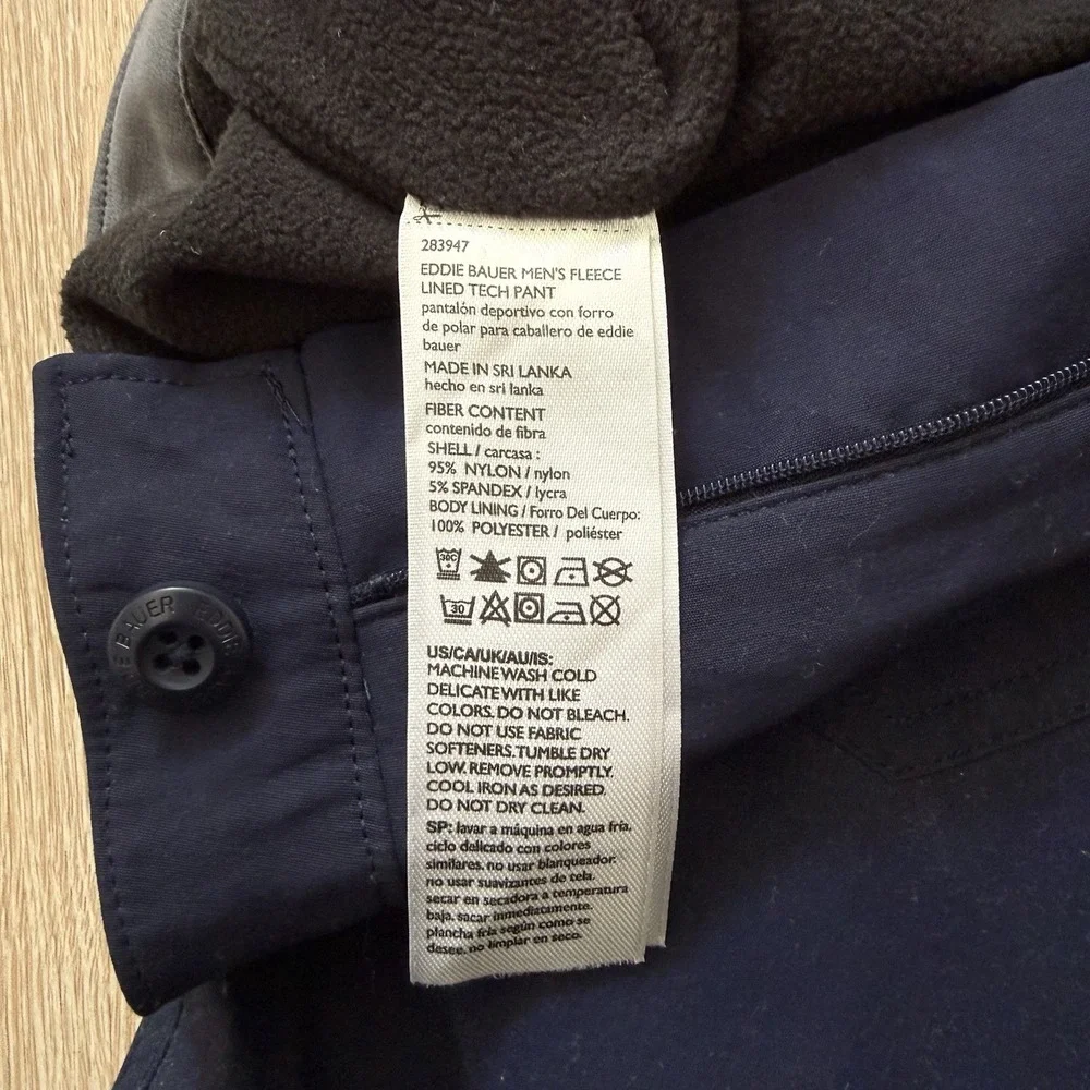 Eddie Bauer Pants Mens 36x30 Navy‎ Blue Fleece Lined Performance Tech Nylon